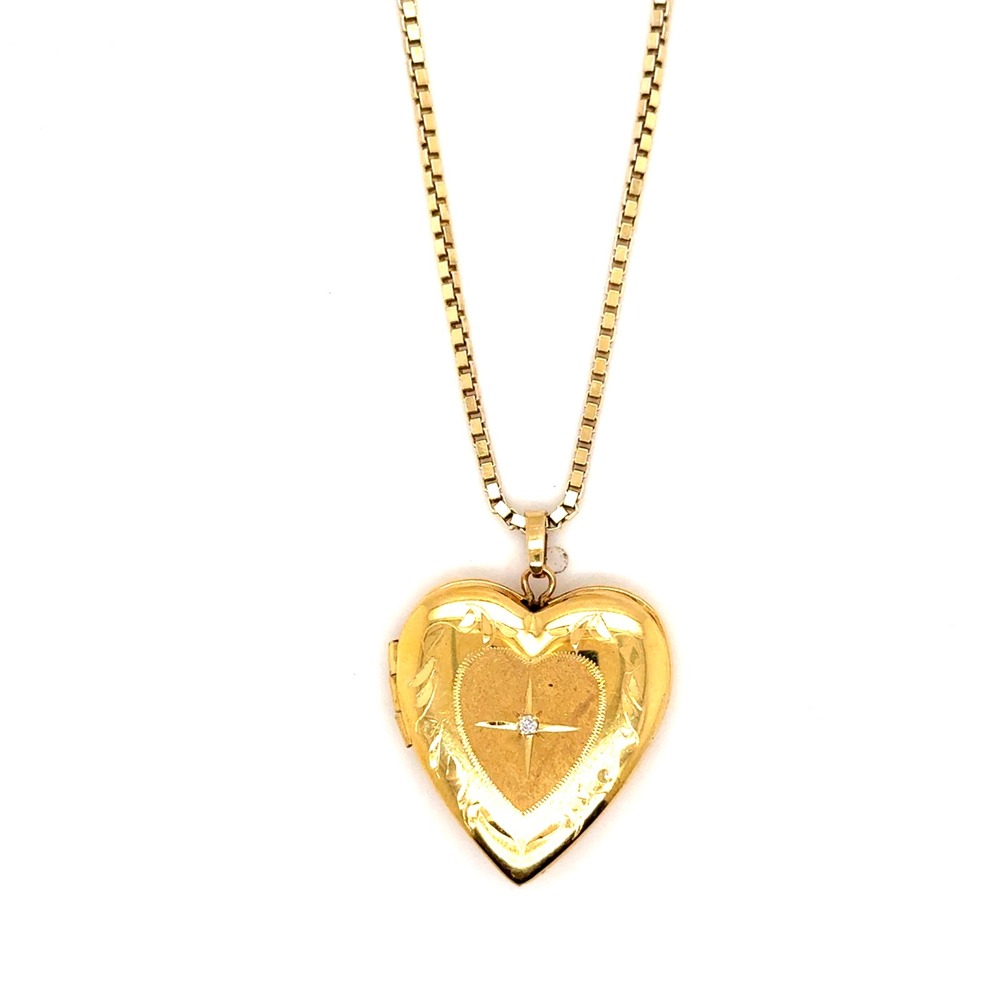 Gold Heart Locket Necklace 925 Sterling Silver Box Chain 24 Inch Engraved Star